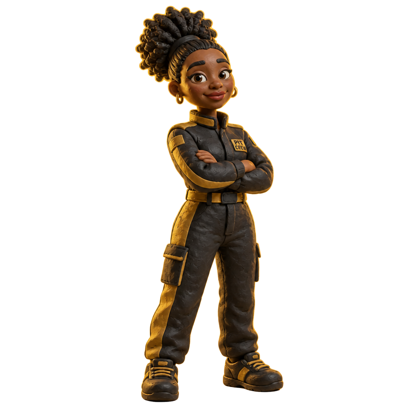 Nova, HOA studio guide clay figure, arms crossed