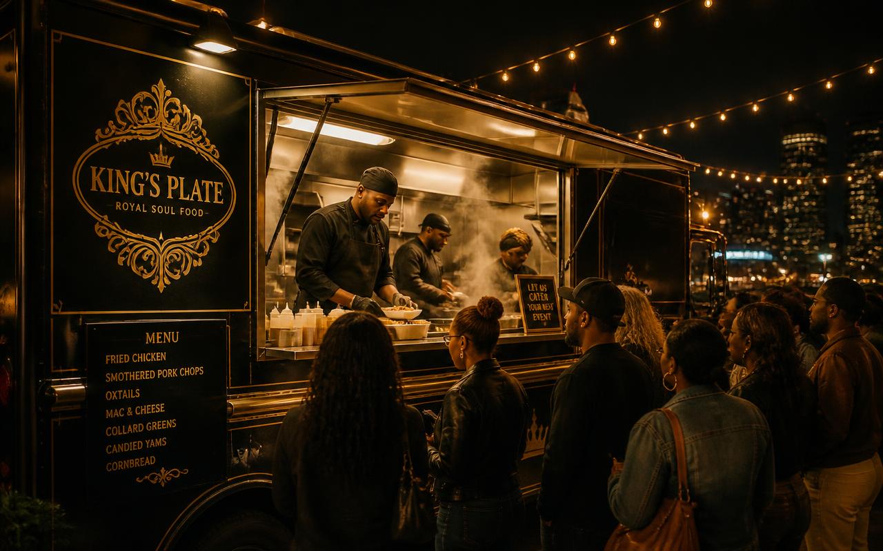 Black and gold soul food truck serving a night crowd under string lights